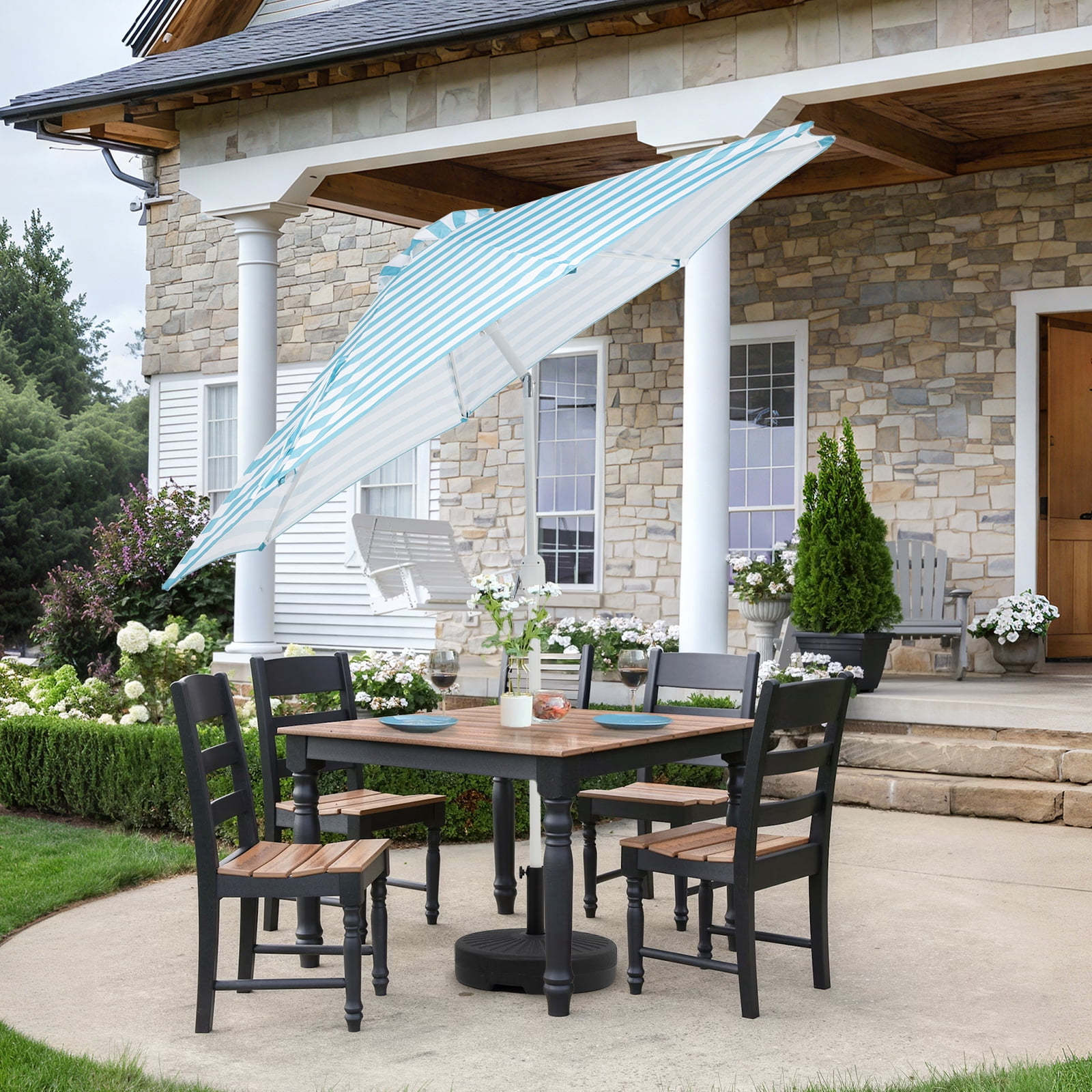 Aoodor 9FT Outdoor Patio Umbrella with 8 Steel Ribs and Push Button Tilt Crank, UV Protection, Light Blue and White