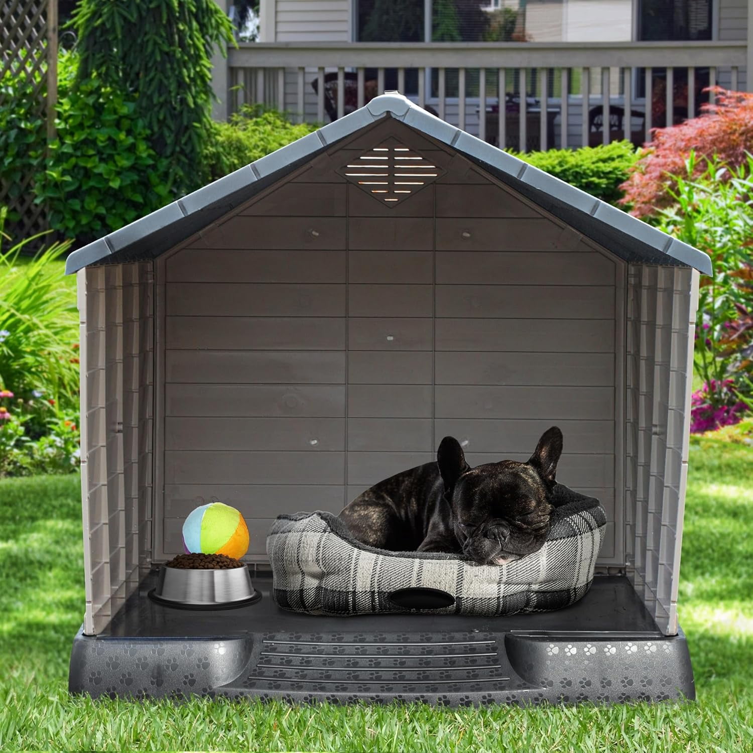 28.5'' Plastic Dog House Outdoor Indoor Doghouse Puppy Shelter Water Resistant Easy Assembly Sturdy Dog Kennel with Air Vents and Elevated Floor (28.5''L*26''W*28''H, Blue)