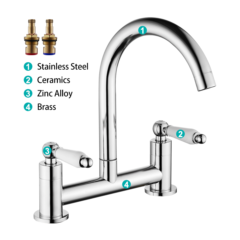 Miuline Kitchen Sink Mixer Taps 2 Hole Chrome Brass Deck Mounted Double Handle Faucet 360° Swivel Spout Traditional Kitchen Sink Taps for Kitchen， Bathroom， Toilet - image 2 of 7