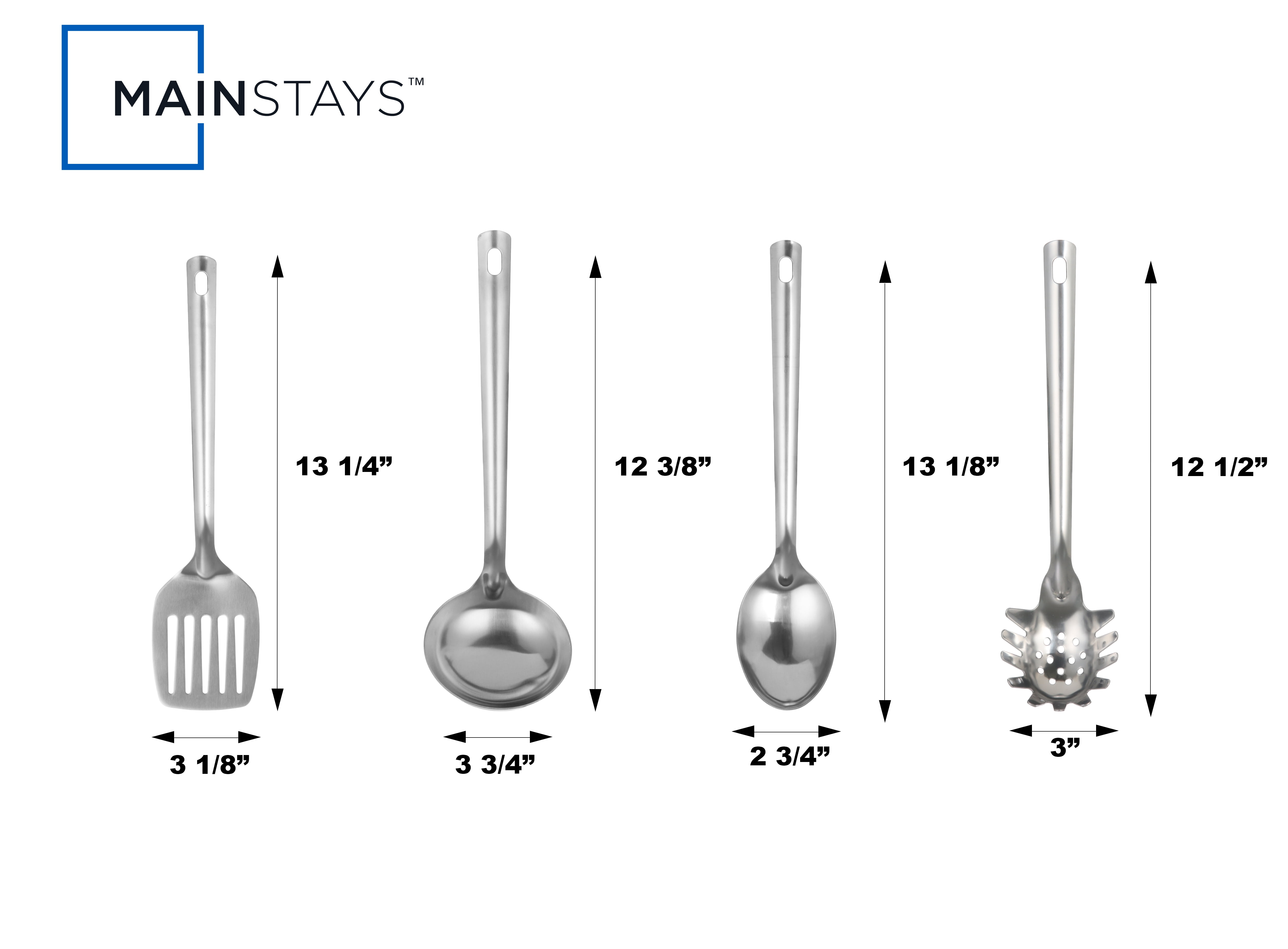 Mainstays 4-Piece Kitchen Utensil Set, Spatula, Slotted Spoon, Ladle and Pasta Spoon, Stainless Steel