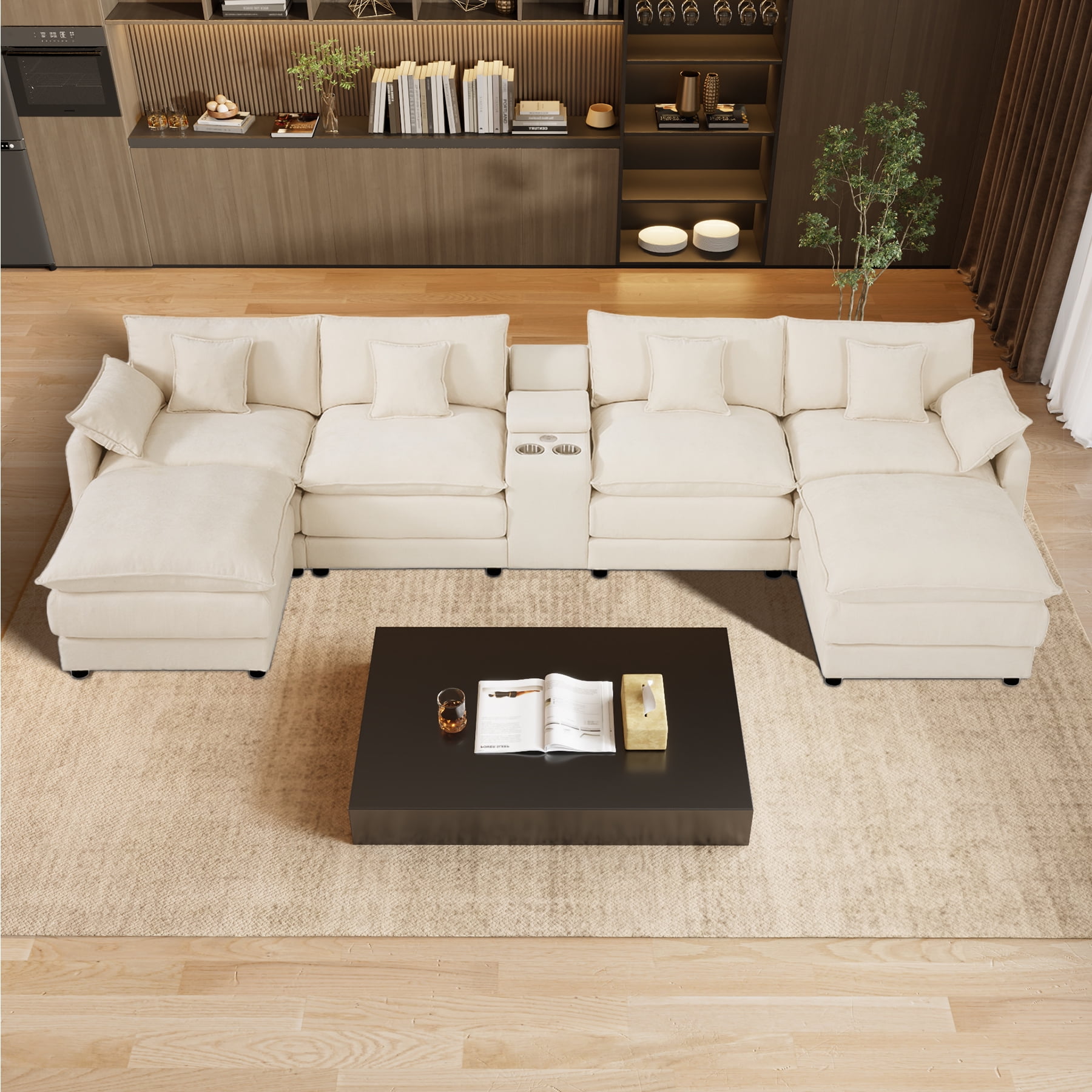 Wiilayok 145" U Shaped Sectional Sofa,Chenille Cloud Modular Sectional Sofa Couch Set with Double Chaise,Central Console,Cup Holder for Living Room,Beige