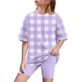 thumbnail image 2 of JTSRKL Summer Outfits for Girls Cute Tie Dye Gradient Color/Striped/Color Block/Plaid Printed Short Sleeve Crewneck Top T-Shirt & Biker Shorts Set 2 Piece Tracksuit F-Purple 8-9 Years, 2 of 9