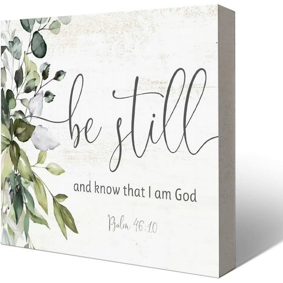 Zomyto 5x5 Inches Bible Verses Decor,Christian Wooden Signs，Inspirational Bible Verse Home Decor,Be Still and Know That I Am God，Botanical Eucalyptus Leaves Sign