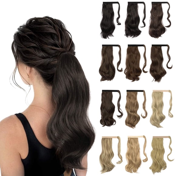 Sofeiyan Curly Ponytail Extension 15 Inch Heat Resistant Synthetic Natural Wavy Hairpiece Wrap Around Pony Tail Hair Extensions for White Black Women Hair Piece, Darkest Brown Tend to Black