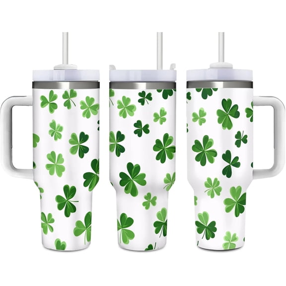 Green Clovers 40 OZ (1200 ML) Stainless Steel Tumbler with Handle Lid Straw, St Patricks Day Ice Bully Insulation and Cooling Cup for Women Men Birthday Presents (Print in USA)