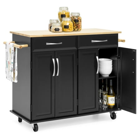 Kitchen Island Shelves - Best Choice Products Portable Kitchen Island Cart w/Wood Top, 2 Towel Racks, Drawers & Cabinets w/Adjustable Shelves