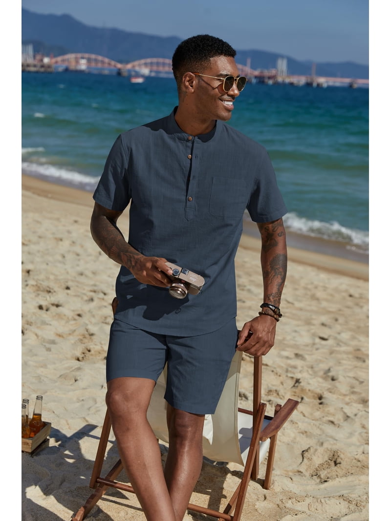 COOFANDY Men's Linen Shorts and Shirt Set Two Piece Beach Outfit for Men Vacation Wedding Party Suits
