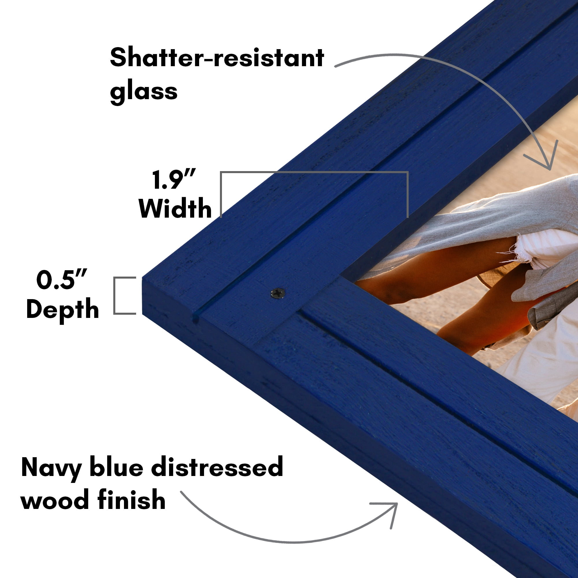 Americanflat 5x7 Picture Frame Polished Crystal Clear Glass Hampton Collection Distressed Frames - Navy Blue