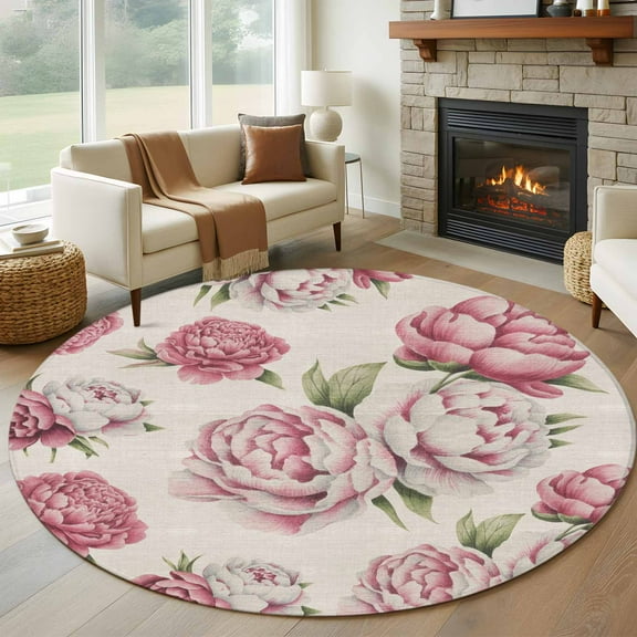 Pink Floral Round Rug 5ft Washable Circle Kitchen Rugs Non Slip Spring Summer Vintage Flower Leaf Large Area Rug Indoor Floor Carpet for Bedroom Living Room Home Office Dining Room Nursery