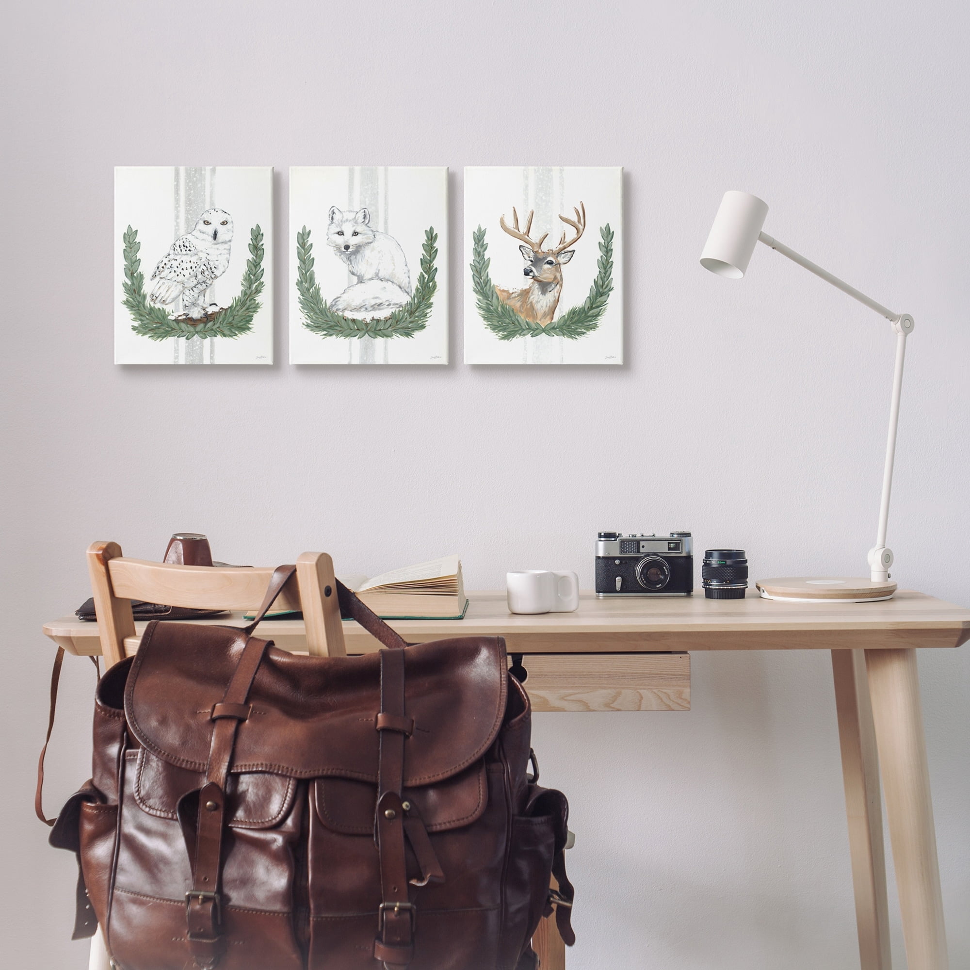 Stupell Industries Arctic Animals Botanical Leaves Portrait Snowy Owl Deer Fox Cabin Drawing Gallery-Wrapped Canvas Print Wall Art Set of 3, 24 x 30, Design by Sara Baker