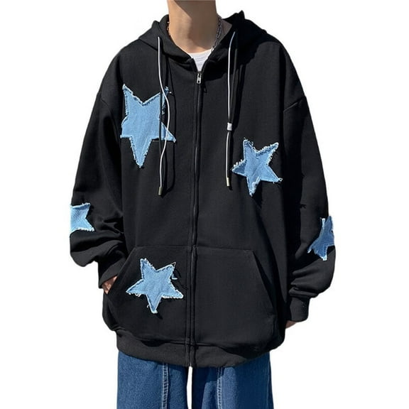 Women Y2k Zip Up Hoodies Star Graphic Long Sleeve Jackets Hip Hop Harajuku Oversized Hooded Sweatshirt Black L
