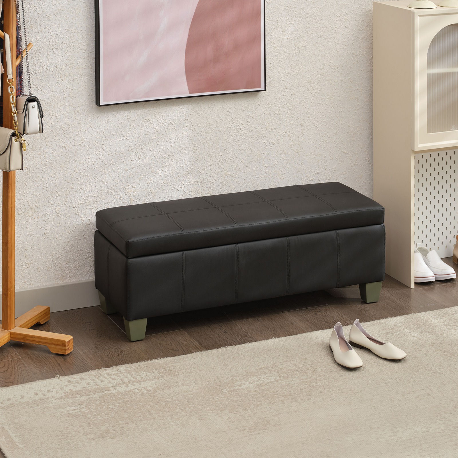 Foredo Rectangle Ottoman with Storage, Modern Faux Leather Bench with Solid Wood Legs, Ottoman for Living Room, Bedroom and Entryway, Black