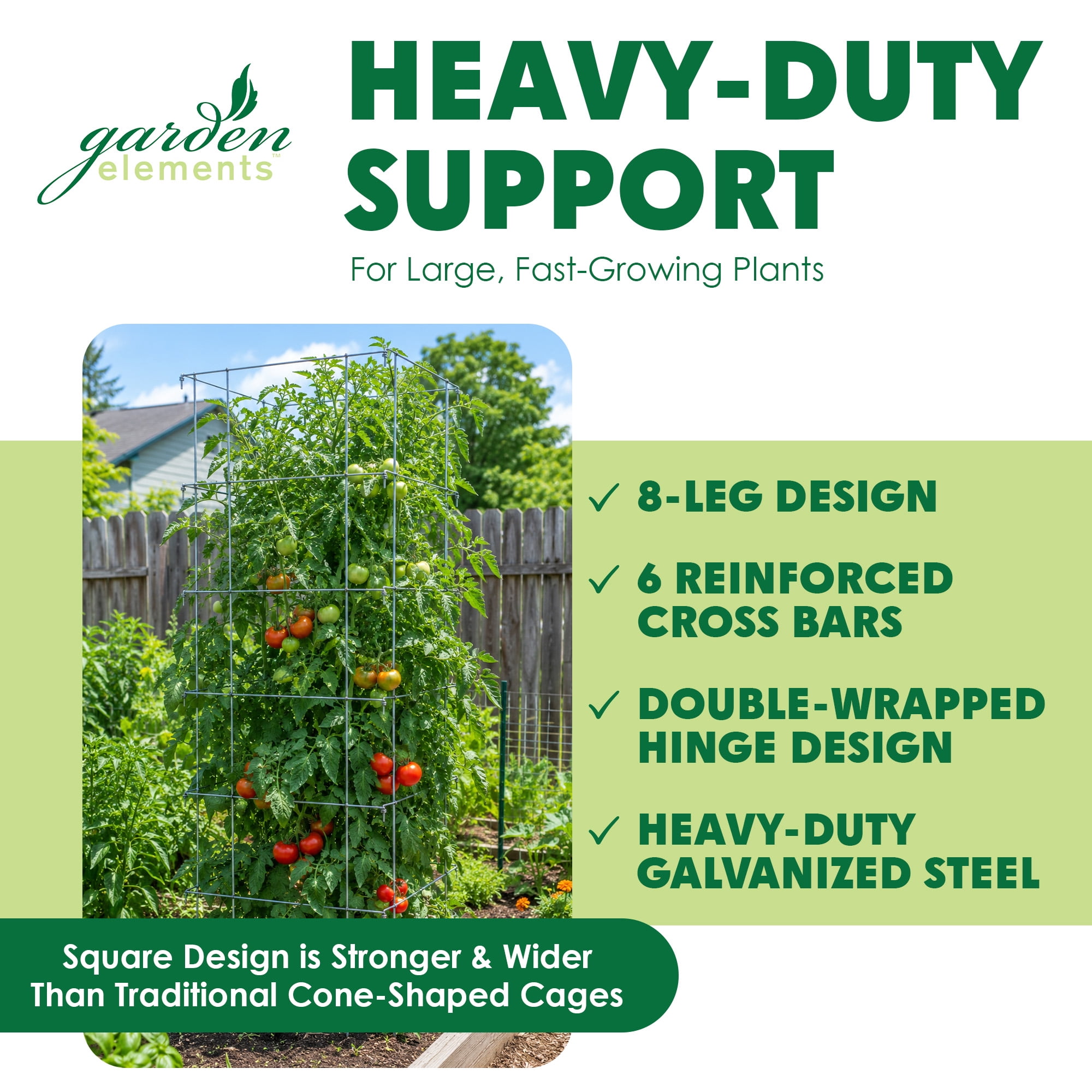 Garden Elements Square 8-Leg Heavy-Duty Collapsible Tomato Cages, 58in H (Pack of 3)