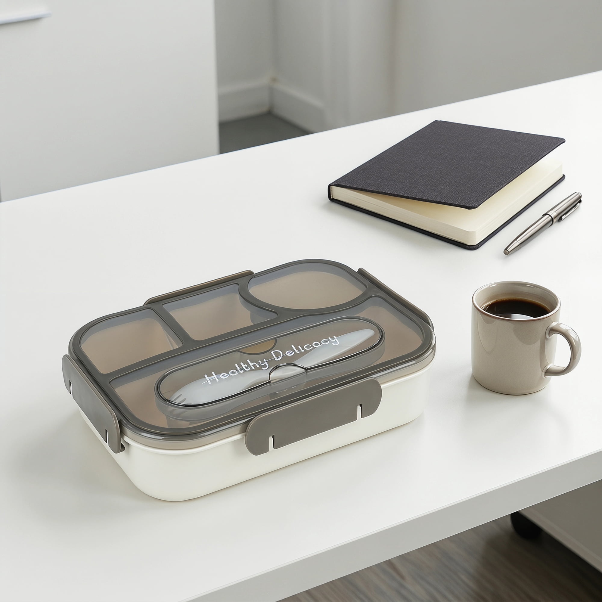 Unique Bargains Bento Lunch Box with Built-in Cutlery Slot for Work Travel Gray-2