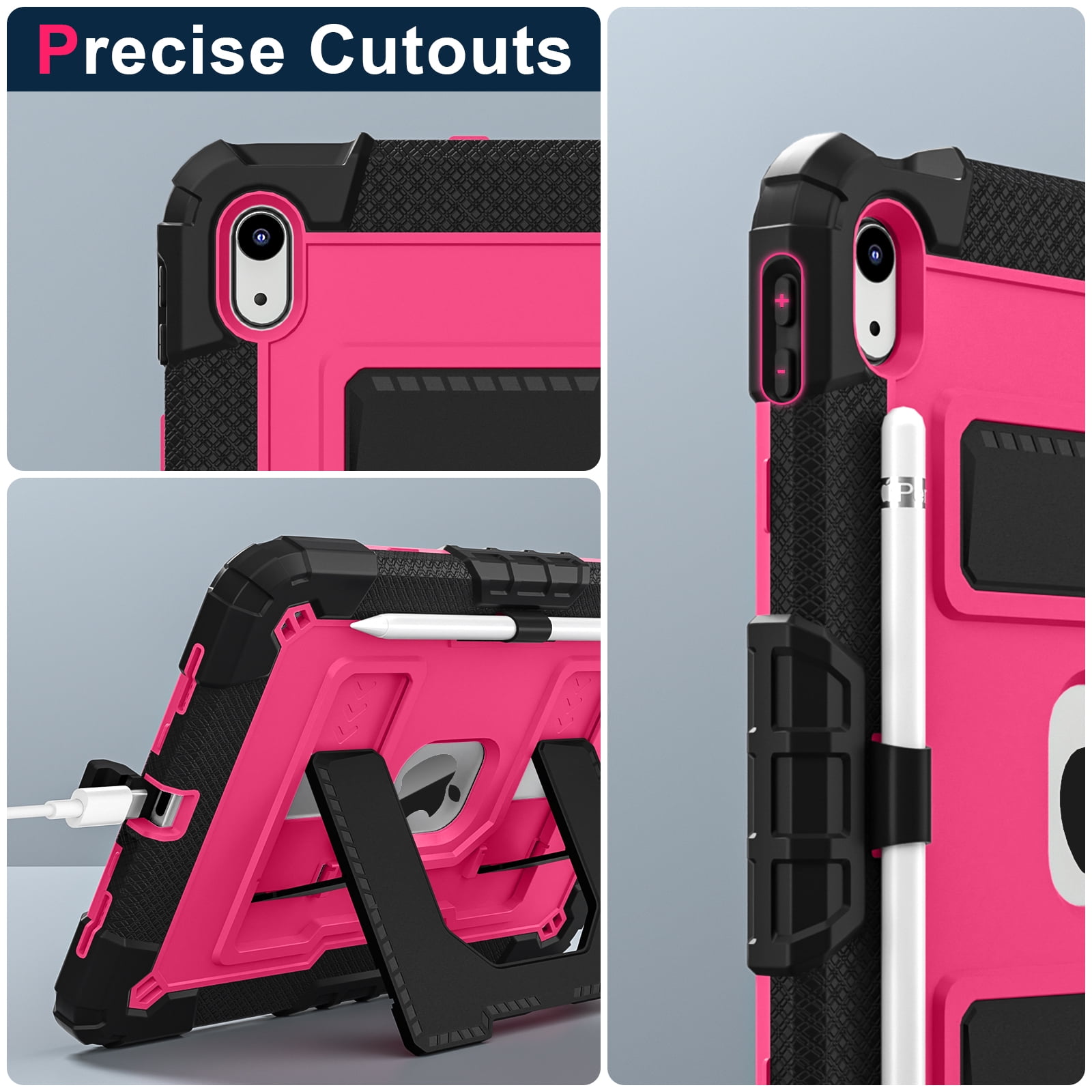 Allytechgroup Rugged Case for Apple iPad 9th 8th 7th Generation 10.2 inch 2021/2020/2019, Heavy Duty Protective Tablet Case with Kickstand, Pencil Holder & Detachable Shoulder Strap, Black+Rose