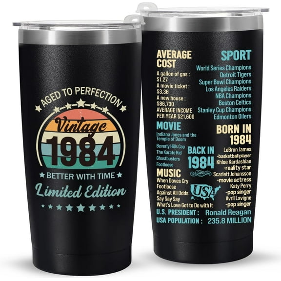 40th Birthday Gifts for Women Men Parents 40 Years Old Gifts- 20 oz Double-sided Vintage 1984 with Time Information Tumbler Cup（black） Turning 40- TB002