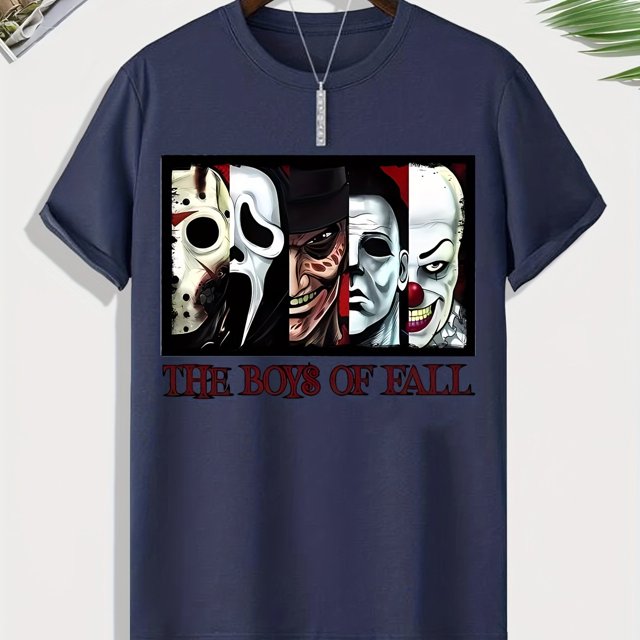 Patrón de miedo Impresión gráfica Top creativo para hombres, camiseta casual de manga corta con cuello redondo, ropa de hombre para actividades al aire libre en verano