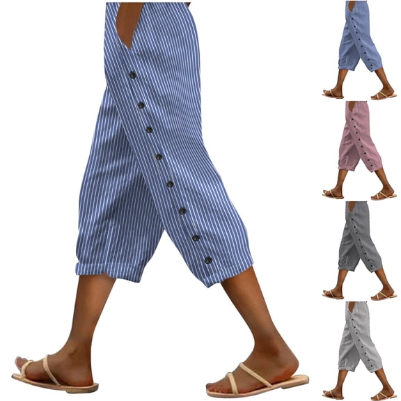 Womens Capri Pants with Side Button Pockets - Elastic Waist Soft Breathable Cotton Striped Capris Casual Holiday Summer Clothes White, Size L