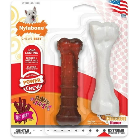 Nylabone Power Chew Durable Dog Chew Toys Twin Pack Chicken and Jerky Flavor [Dog, Toys Nylabone] 2 count