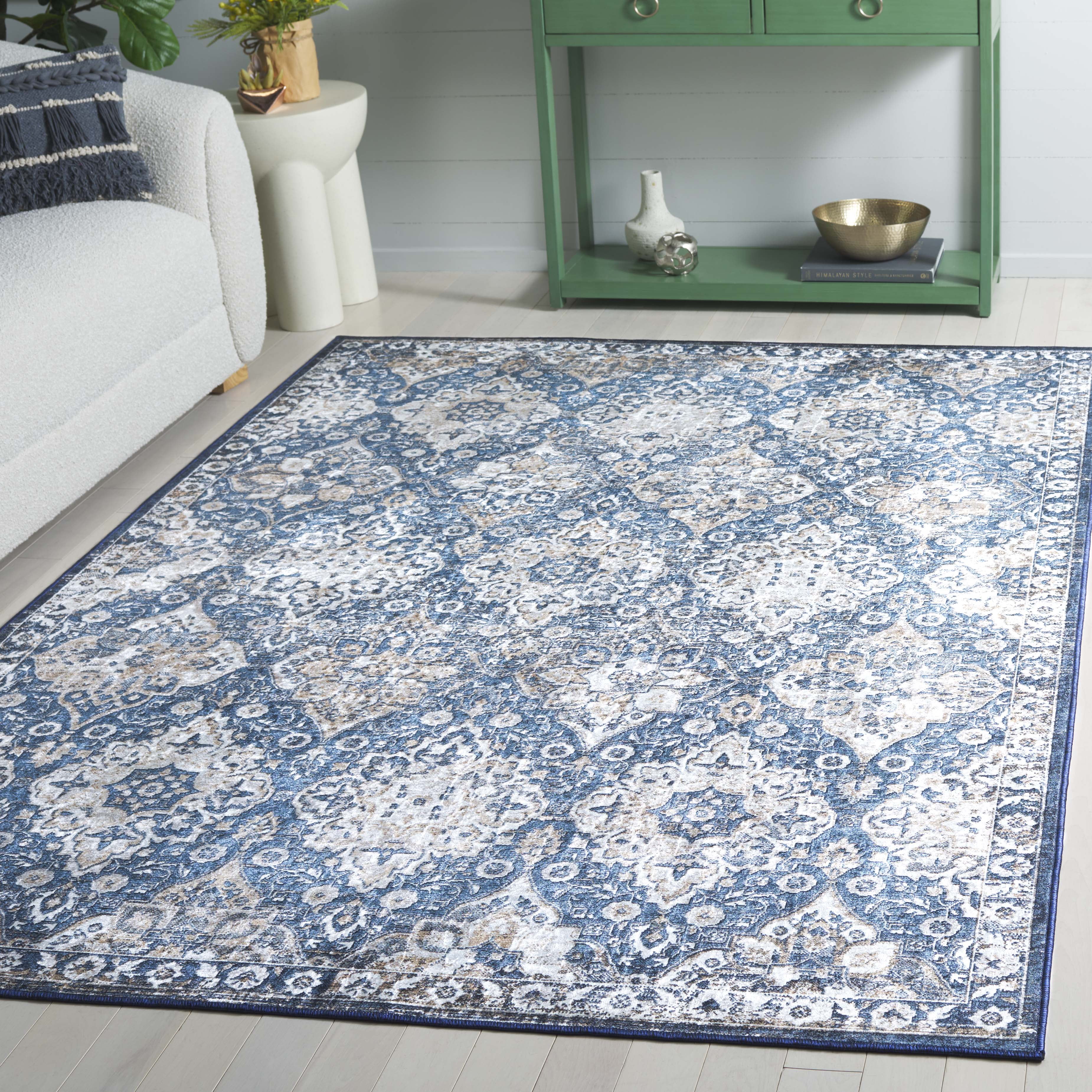 SAFAVIEH Orlando Mira Geometric Machine Washable Area Rug, Blue/Beige, 8' x 10'