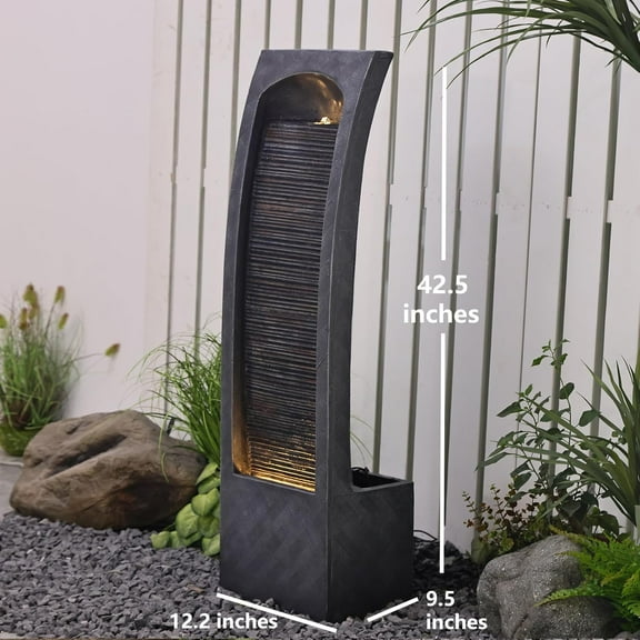 Indoor Water Fountain Modern Curved Faux Slate Waterfall Fountain with LED Lighting 42.5 Inch Tall Tiered Waterfall for Garden Patio Backyard Decor - Durable and Weather- Resistant Design