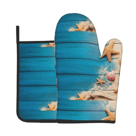 

Tebeau Shells and Starfish Print Oven Mitts and Pan Racks 2-Piece Set Kitchen Oven Mitts and Pan Racks Heat Resistant 500 °F for Baking and Cooking