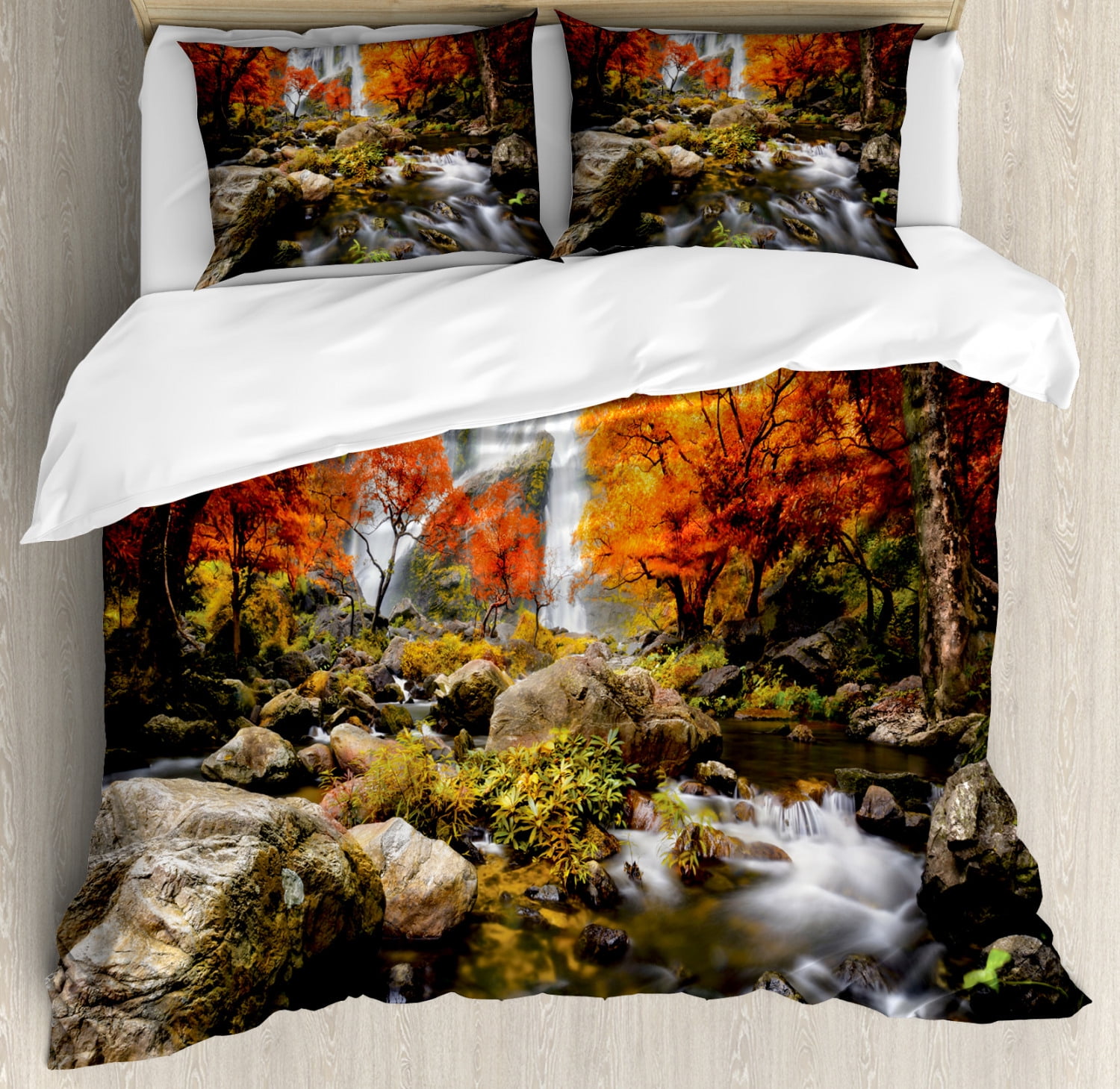 Autumn Duvet Cover Set, Warm Colored Fall Season Trees and Rocky River