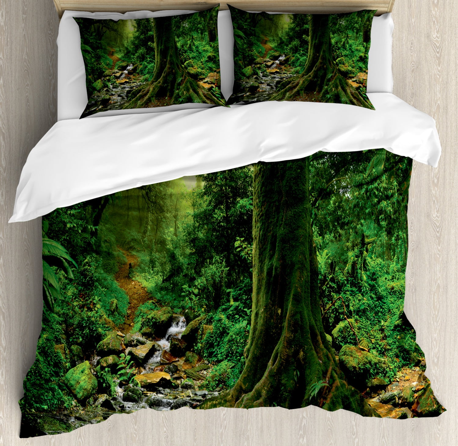 Forest Duvet Cover Set, Rain Forest Scenery with River in the North