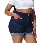Gocolloa Womens Plus Size Jean Shorts High Waisted Stretchy Ripped Frayed Folded Hem Denim Shorts Dark Blue 26W