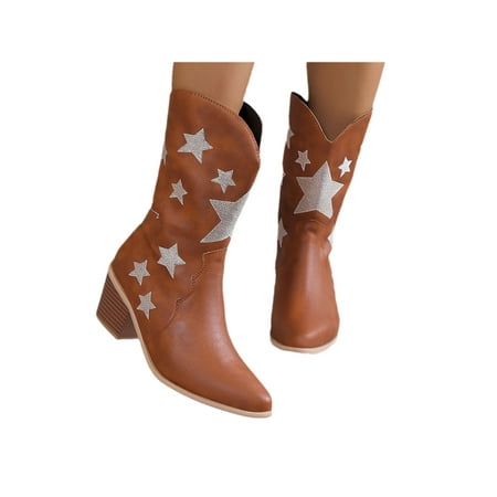 

UKAP Women Shoes Embroidered Cowgirl Boots Mid Calf Western Boot Fashion Wide-Calf Ladies Pointed Toe Casual Brown 11