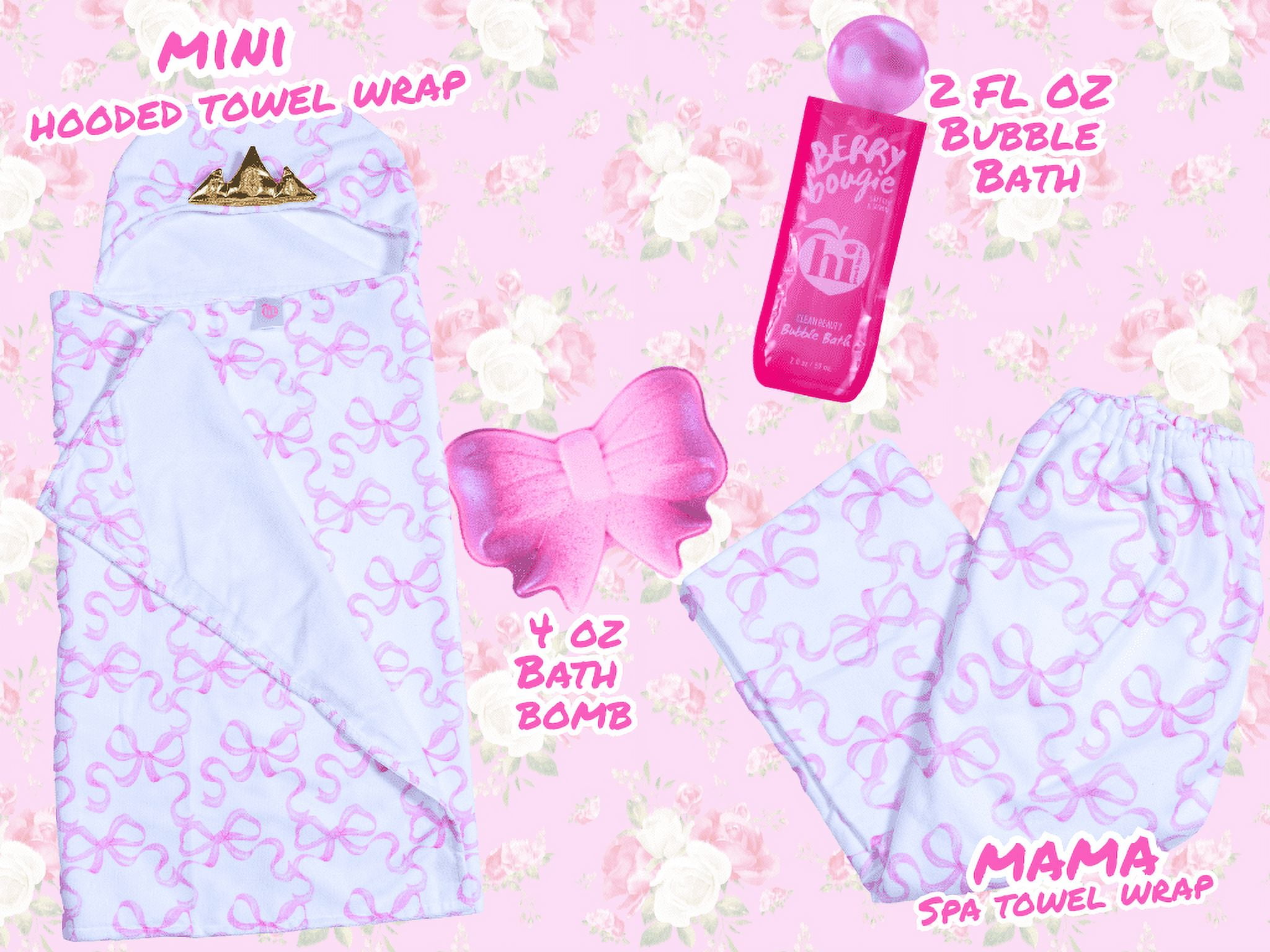 Hi Peach Layne Mama & Me Bath Wrap Set with Pink and White Bow Designs, includes Berry Bougie Bubble Bath 2 fl oz, and Pink Bow Bath Bomb 4 oz