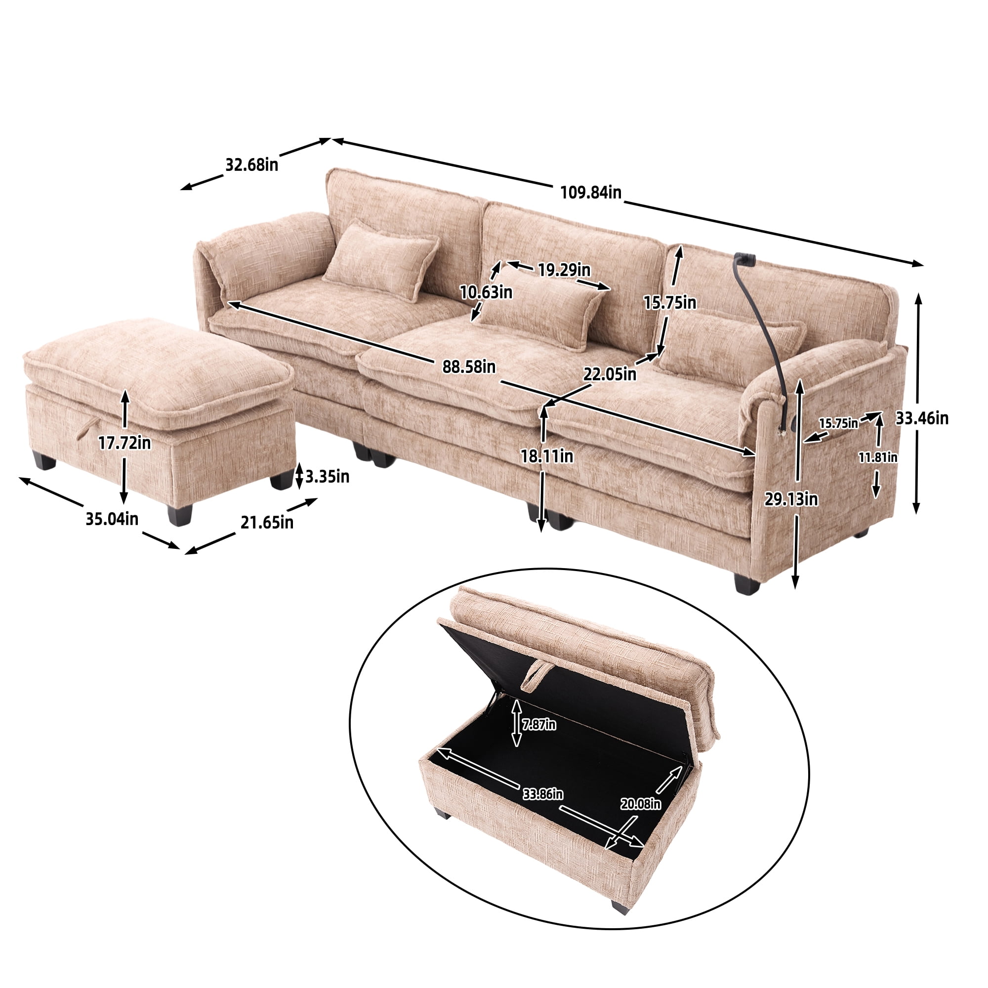 MOONMISS 112" Oversized Sectional Sofa Cloud Couch for Living Room, Modern Chenille L Shaped Couch, Comfy Boucle Modular Sofa Sleeper with Movable Storage Ottoman, Phone Holder, USB Charging Port