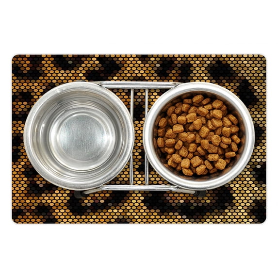 Psychedelic Pet Mat for Food and Water, Leopard Motif with Digital Dots and Trippy Forms Graphic Art, Non-Slip Rubber Mat for Dogs and Cats, 18" X 12", by Ambesonne