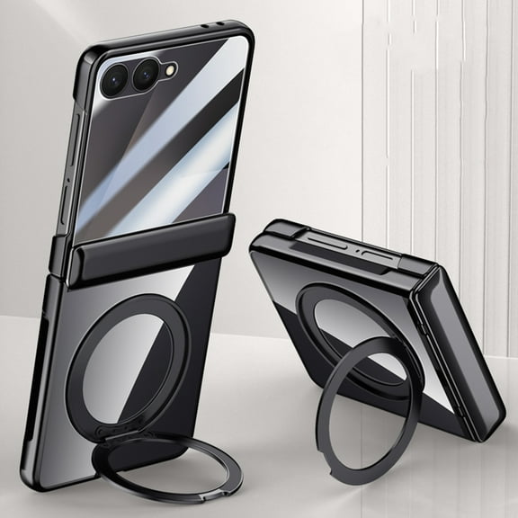 Dteck for Samsung Galaxy Z Flip 7 Clear Case with Hinges Protection & 360° Magnetic Ring Stand & Built-in Screen Protector Electroplated Frame Cover for Galaxy Z Flip 7,Black