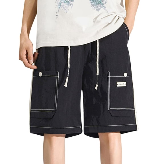 successthop Cargo Shorts for Men Below the Knee Big and Tall Bottoms Drawstring Shorts Summer Clothes with Pockets Black