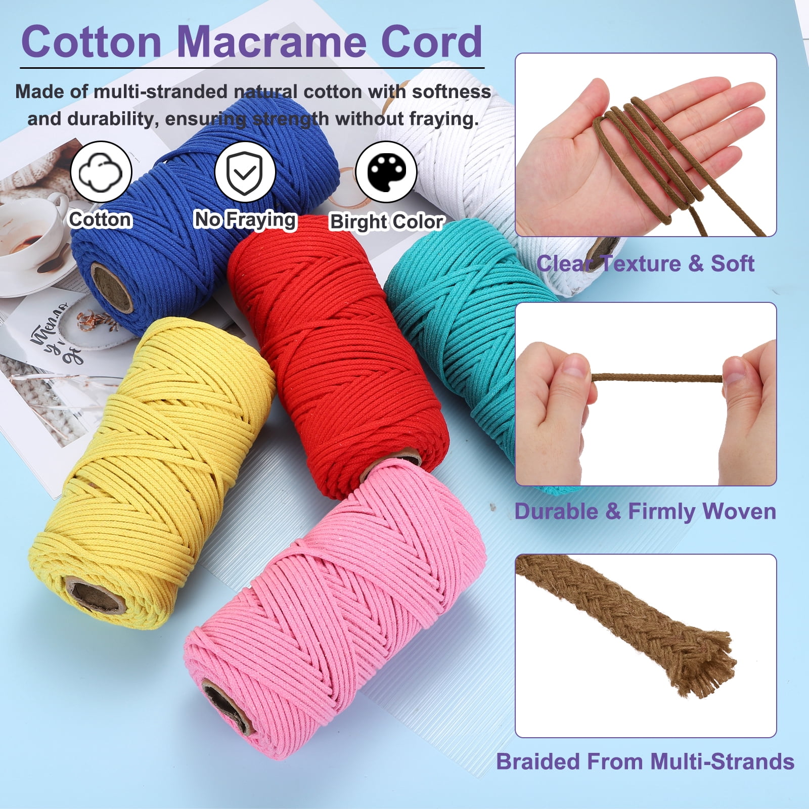 Braided Macrame Cord, 4mm x 109 Yards Natural Cotton Rope Macrame Yarn Bohemia Craft String with Scissors(Coffee)