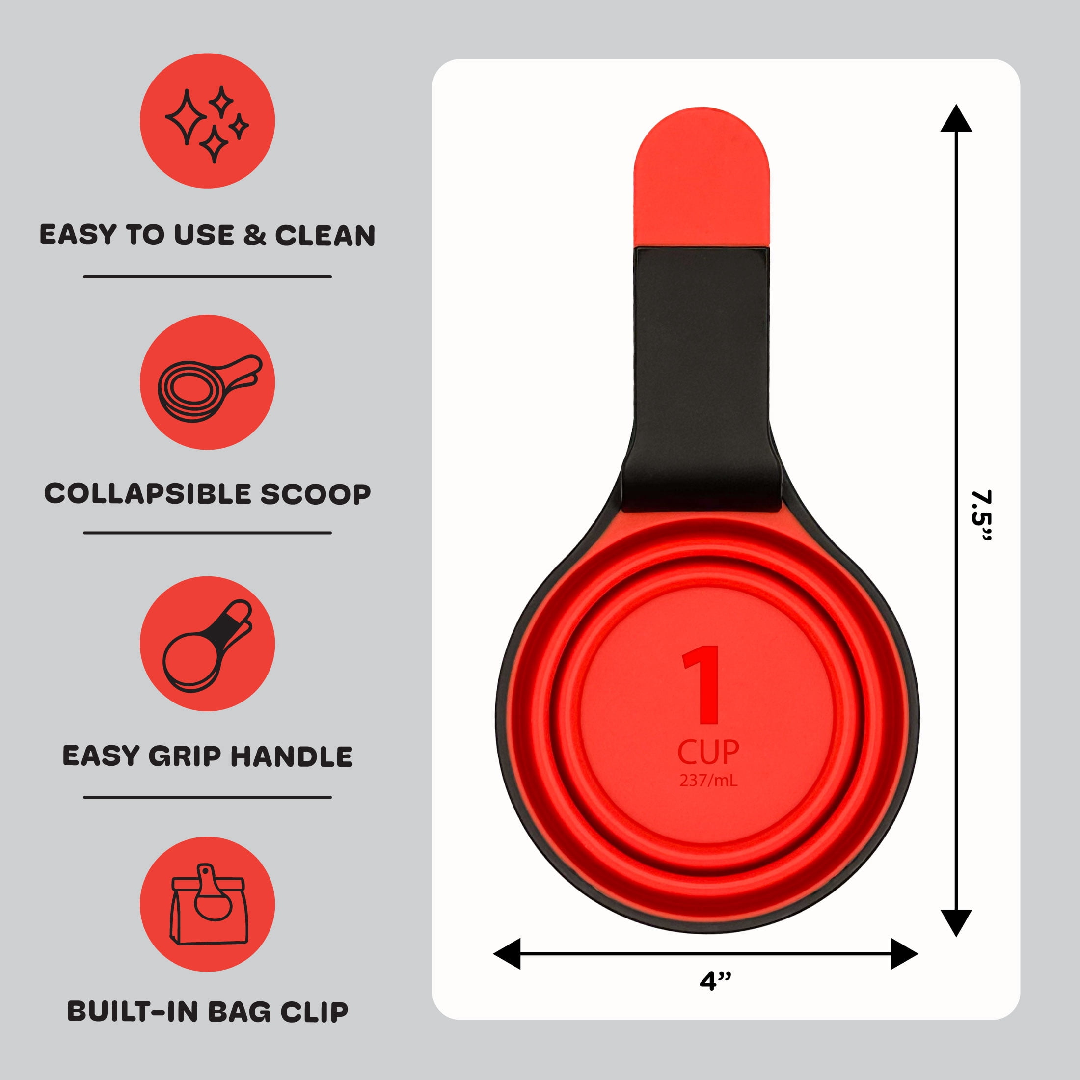 Clip'N 2-in-1 Collapsible Silicone Kitchen Scoop with Bag Clip, 1 Cup Capacity, BPA-Free