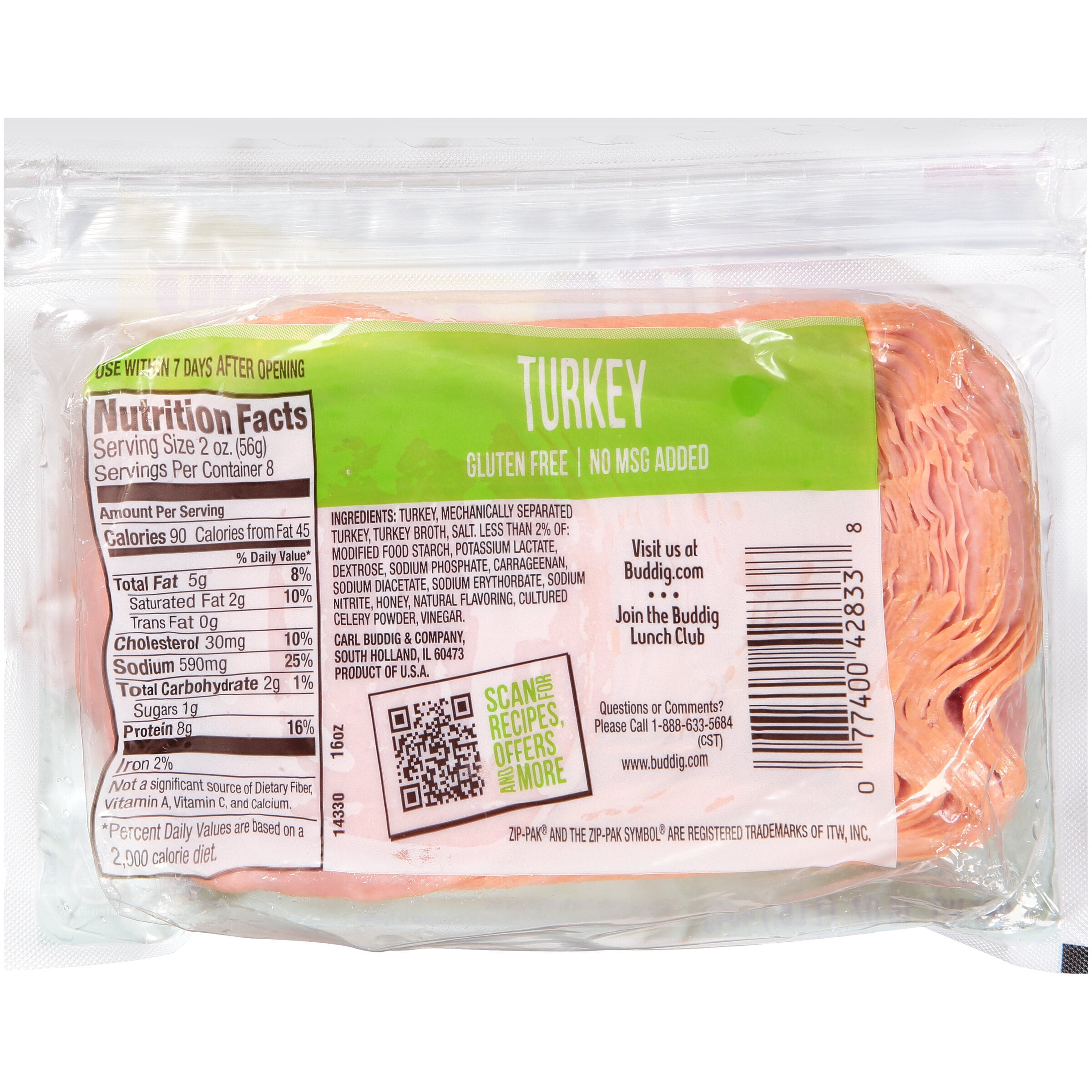 Buddig Original Lunchmeat Sliced Turkey big Pack Plastic Pouch, 16 oz, 8g of Protein per Serving, Refrigerated