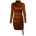 thumbnail image 5 of YWDJ Homecoming Dresses 2022 Plus Size Women Fashion Turtleneck Long Sleeve Solid Color Shirring Mini Sheath Dress Brown L, 5 of 7