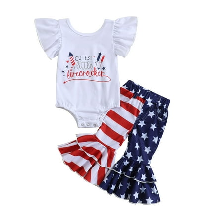 

TOWED22 Toddler Baby Girl Outfits 4th of July American Flag 2PC Tassel T-Shirt American Flag Flare Pants Clothes Sets 6-12 Months