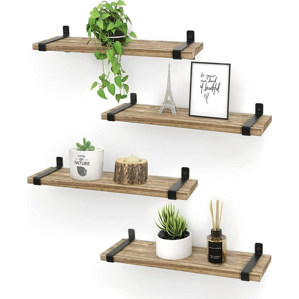 Afuly Rustic Wood Floating Shelves Set of 4, Decorative Brown Wall Shelf with Metal Brackets