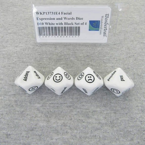 Facial Expression and Words Dice D10 White Opaque with Black 20mm (25/32in) Set of 4 Wondertrail