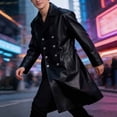 thumbnail image 2 of Busydd Men's Leather Jacket Fashion Double Breasted Buttons Long Sleeve Trench Coat Casual Solid Color Long Jackets 4XL, 2 of 9