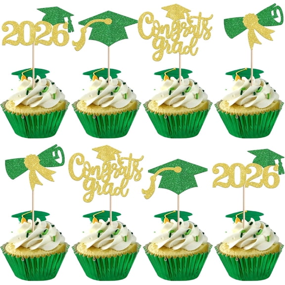 Class of 2026 Graduation Cupcake Toppers, Green and Gold Glitter, Congrats Grad Cap Diploma Picks, 12 PCS