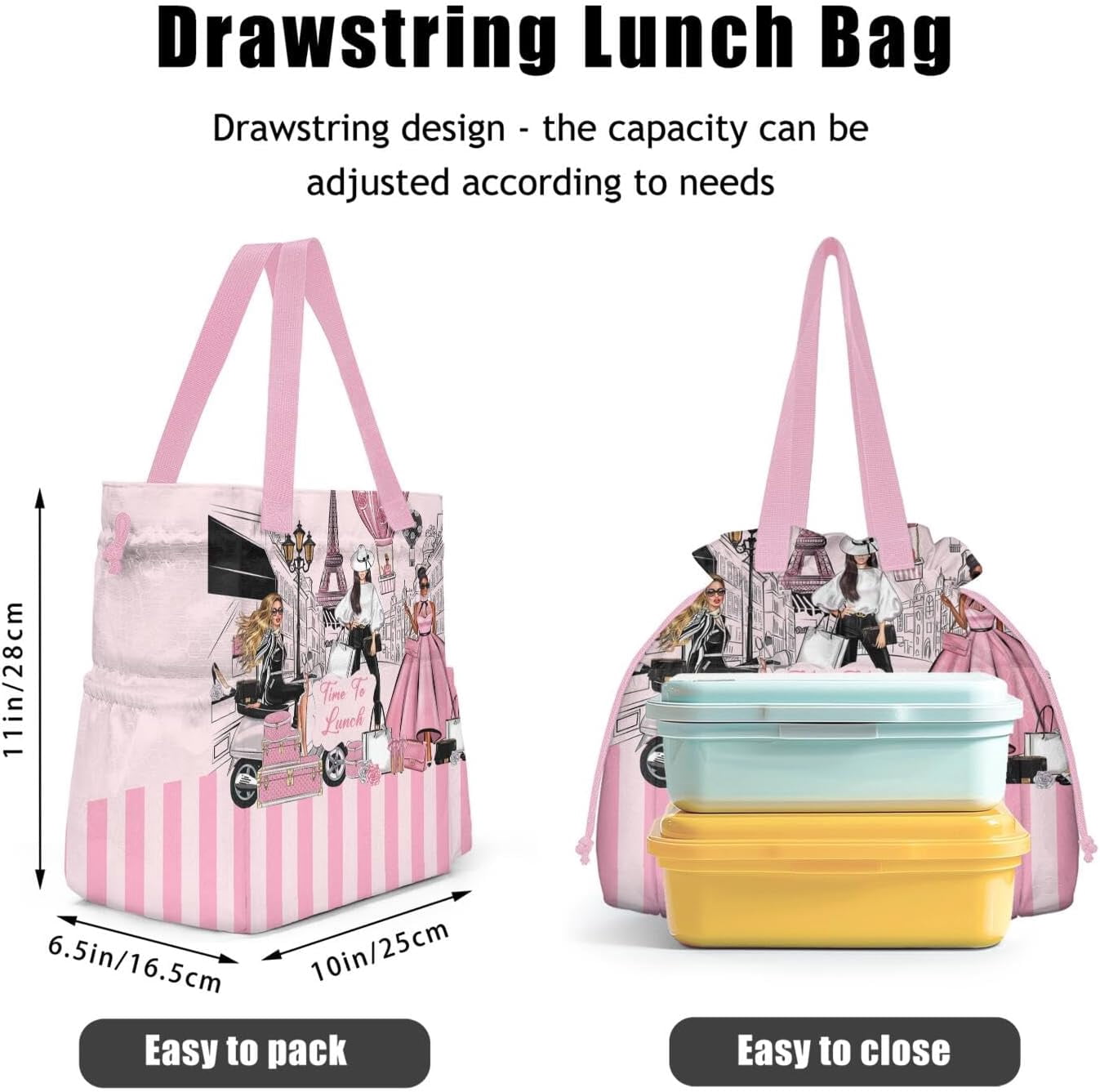Lunch Bag for Women Insulated Womens Drawstring Lunch Bag for Work, Stain-Resistant Large Lunch Box for Women with Containers, Cinch Closure Cromwell Bag Black Man Reusable Lunch Bag Office