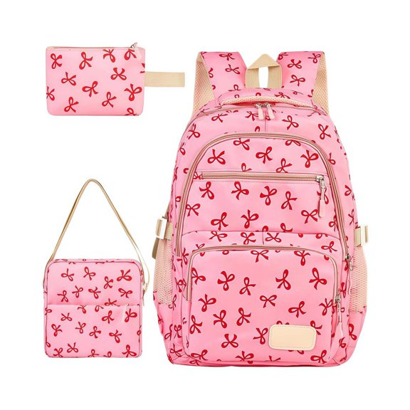 3 Pieces Bow Print Backpack Set with Crossbody Bag & Mini Pouch, Water Resistant Multi Pocket Travel Camping Daypack with Breathable Straps