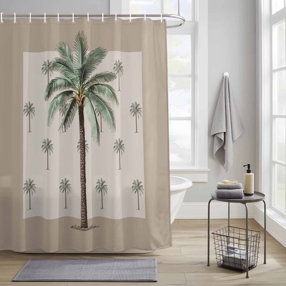 Palm Tree Fabric Shower Curtain for Bathroom Waterproof Polyester Bath Curtain with 12 Hooks Green Tropical Plants Ocean Brown Bottom Washable Shower Curtain with Grommets 36"x72"
