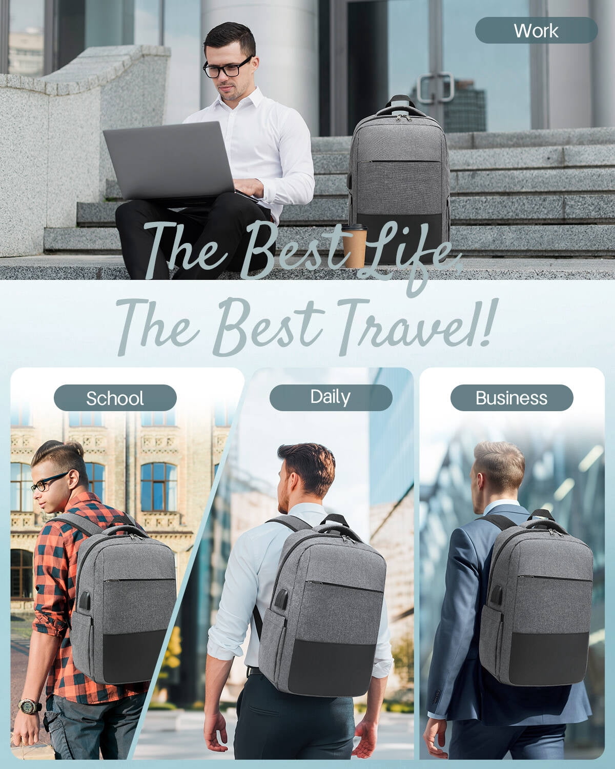 Travel Backpack with USB Port, Laptop Carry On Backpack, Waterproof Casual Daypack Computers Backpacks  for Women Men Weekender Trips, Business, School & Hiking, Gray