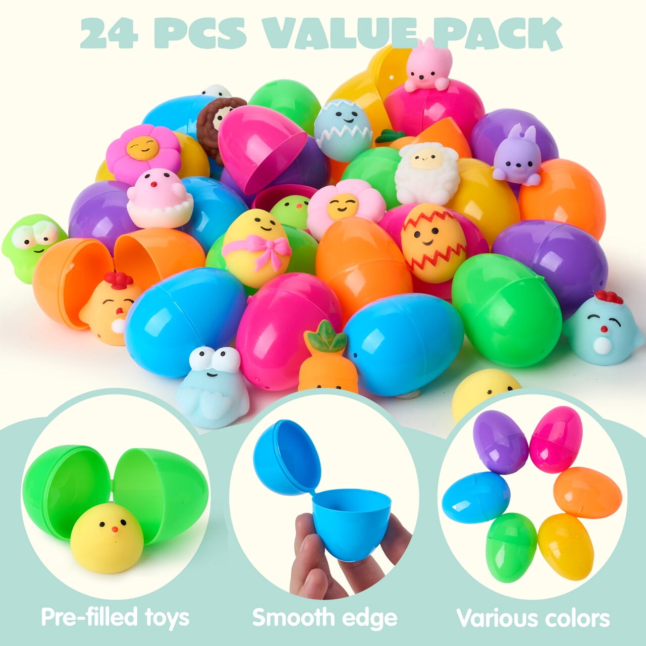 Joyfy 24 Pack Prefilled Easter Eggs with Toys,Mochi Squishy Small Toys for Easter Eggs,Stuffed Easter Baskets for Toddler Kids