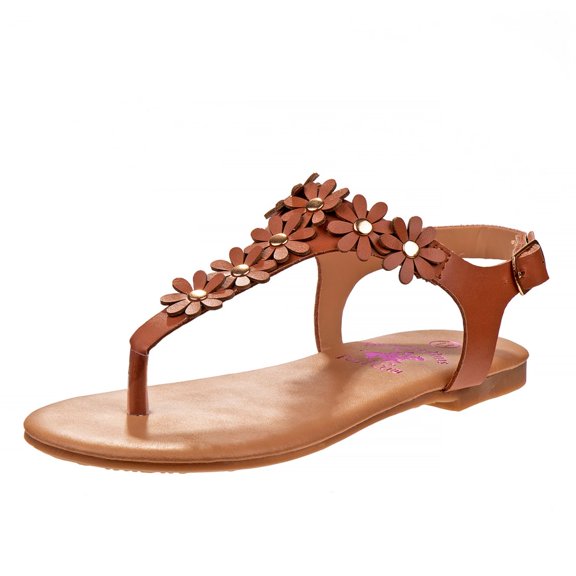 Beverly Hills Polo Club Kid Girls Thong Sandal with Multi Flower Accents, Brown, 13